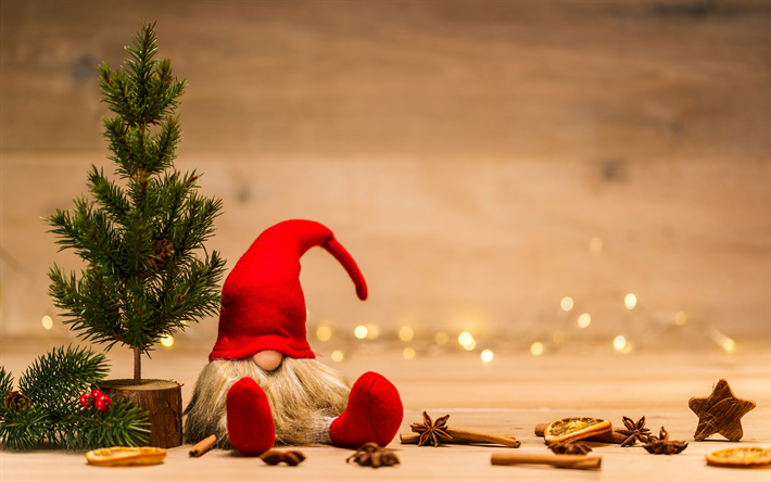 gnome, 4k, xmax albero, Felice Anno Nuovo, Buon Natale, viola decorazioni, albero di natale, natale, capodanno, decorazioni