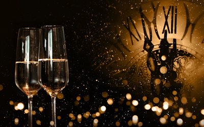 A&#241;o nuevo, 2018, el champagne, el reloj, por la noche, a la medianoche, Feliz A&#241;o Nuevo