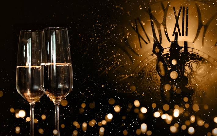 Nouvel An, 2018, la champagne, l&#39;horloge, le soir, &#224; minuit, bonne et Heureuse Ann&#233;e