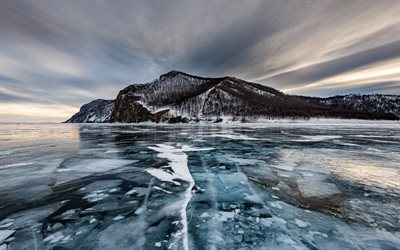 Olkhon Adası, 4k, kış, Baykal G&#246;l&#252;, buz, Rusya