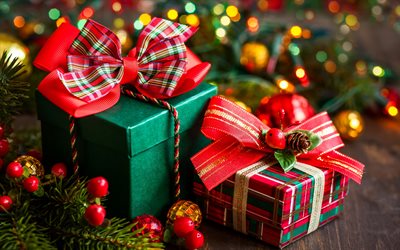 weihnachten, geschenke-boxen, weihnachtsbaum, neues jahr, rot, seide b&#228;nder