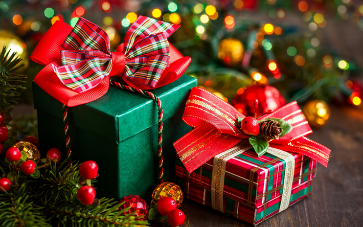 عيد الميلاد, صناديق الهدايا, شجرة عيد الميلاد, السنة الجديدة, شرائط الحرير الأحمر