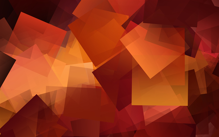 rutor, 4k, orange bakgrund, square konsistens, geometri, geometriska former