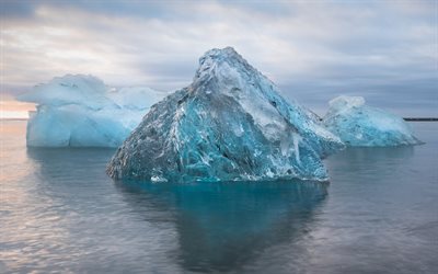 Icebergs, Antarctica, sunset, sea, south pole, ice