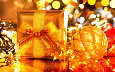 New Year, golden Christmas ball, gift, Christmas, yellow lights