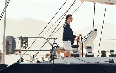 Alessandra Ambrosio, woman at the helm, sailboat, yacht, Brazilian supermodel, beautiful woman, photoshoot, Omega, Omega Seamaster Aqua Terra