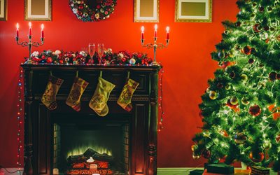 クリスマスツリー, 暖炉, 火, 夜, クリスマス, 2018, 新年