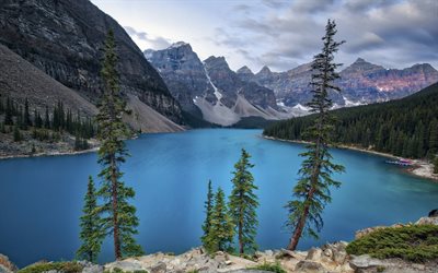 mountain landscape, forest, lake Moiraine, Canada, Alberta, Banff National Park