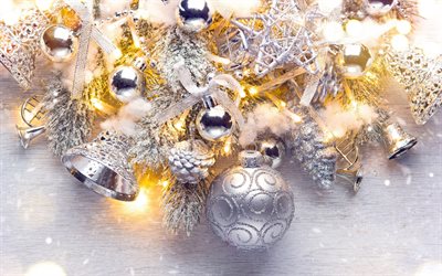 Merry Christmas, silver christmas balls, 2018, garland, glowing lights, New Year
