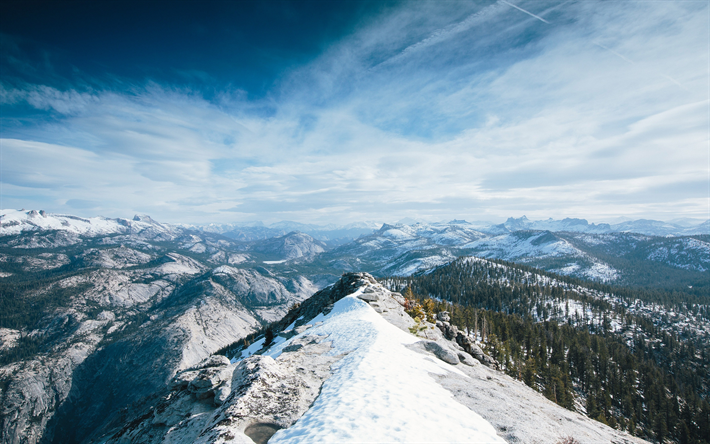 4k, O Parque Nacional De Yosemite, inverno, montanhas, american marcos, nuvens, Calif&#243;rnia, EUA, Am&#233;rica