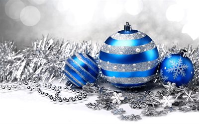 Blue christmas balls, Merry Christmas, Happy New Year, 2020, silver snowflakes, Christmas background