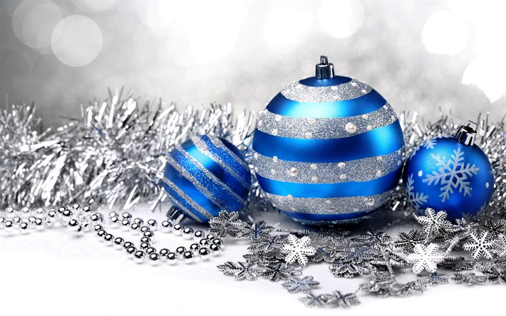 Azul bolas de natal, Feliz Natal, Feliz Ano Novo, 2020, prata, flocos de neve, Natal de fundo