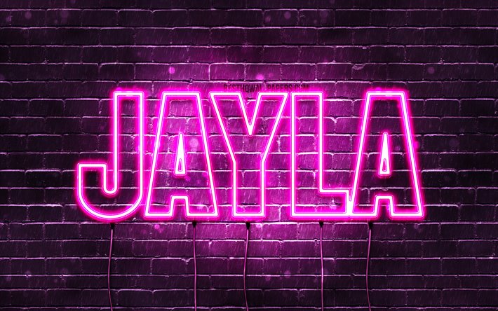 Jayla, 4k, wallpapers with names, female names, Jayla name, purple neon lights, horizontal text, picture with Jayla name