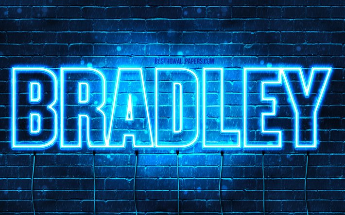 Bradley, 4k, taustakuvia nimet, vaakasuuntainen teksti, Bradley nimi, blue neon valot, kuva Bradley nimi