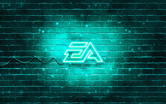 EA Games turquoise logo, 4k, turquoise brickwall, EA Games logo, Electronic Arts, creative, EA Games neon logo, EA Games
