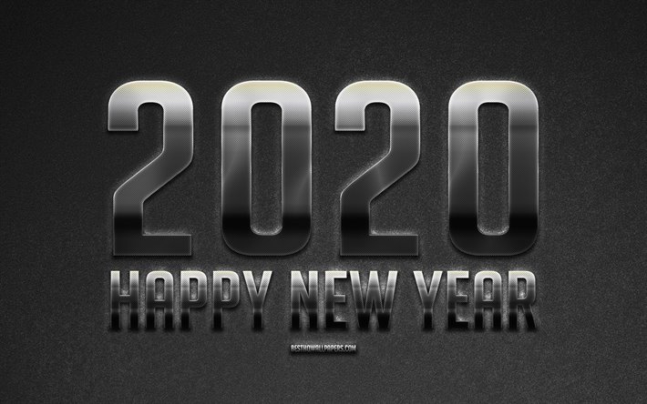 Felice Nuovo Anno 2020, argento, arte del metallo, Metallo 2020 sfondo, il 2020, sfondo, creativo, arte, sfondo grigio, 2020 concetti