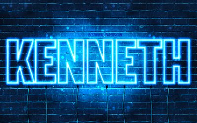 Kenneth, 4k, pap&#233;is de parede com os nomes de, texto horizontal, Kenneth nome, luzes de neon azuis, imagem com Kenneth nome