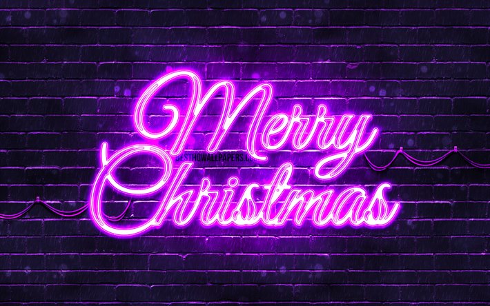 Violet neon Merry Christmas, 4k, Violet brickwall, Happy New Years Concept, Violet Merry Christmas, creative, Christmas decorations, Merry Christmas, xmas decorations