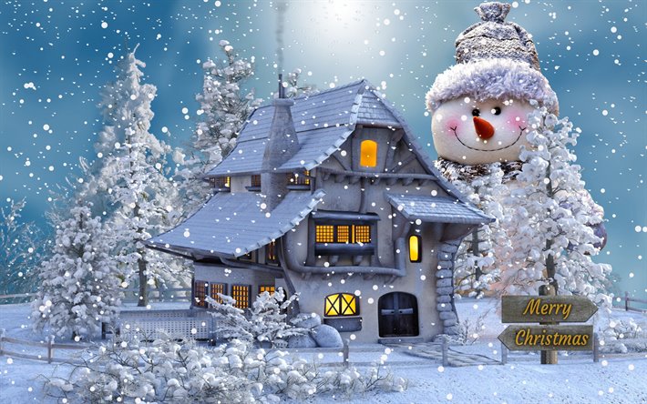 Merry Christmas, snowman, winter, snow, evening, house, winter landscape, Christmas