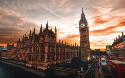 4k, London, sunset, Big Ben, Palace of Westminster, United Kingdom, Europe, England, London at evening