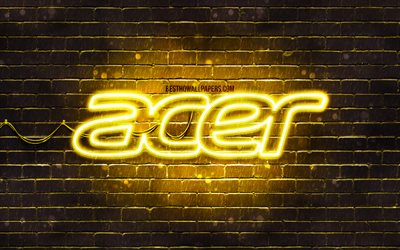 Acer sarı logo, 4k, sarı brickwall, Acer logo, marka, Acer neon logo, Acer