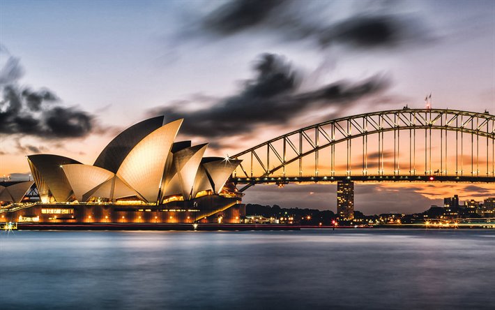 Sydney, Harbour Bridge, Sydney Opera House, kv&#228;ll, sunset, Sydney stadsbilden, arch bridge, landm&#228;rke, New South Wales, Australien