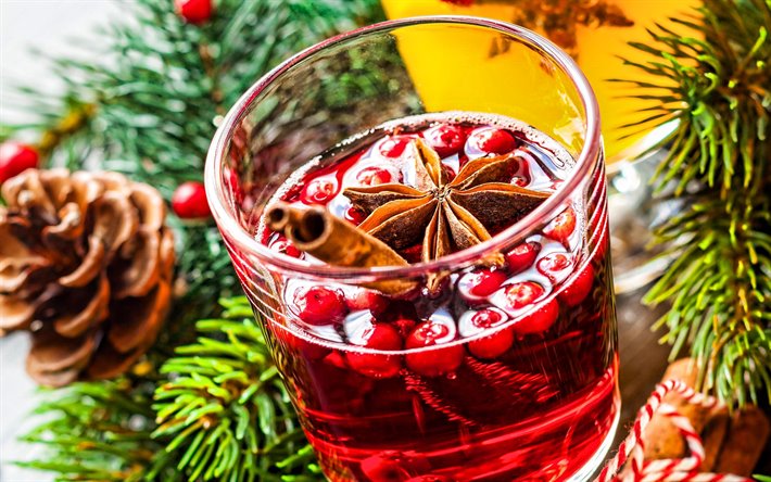 Mulled Wine Cocktail, 4k, macro, glass with drink, cocktails, Mulled Wine, Glass with Mulled Wine