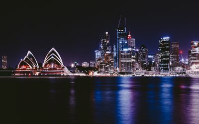4k, Sydney Opera, paisagens de cidade, noturnas, Austr&#225;lia, as cidades australianas, O Porto De Sydney, Sydney Opera &#224; noite