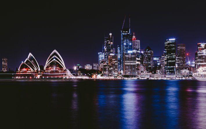4k, Sydney Opera, stadsbilder, natt, Australien, australiska st&#228;der, Sydney Harbour, Sydney Opera p&#229; natten