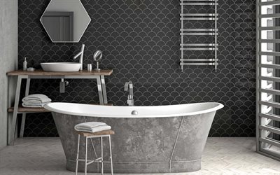 bagno elegante design degli interni, bagno grigio, grigio cemento vasca da bagno, bagno, arredamento di design