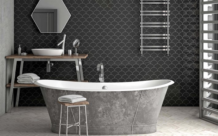 tyylik&#228;s kylpyhuone sisustus, harmaa kylpyhuone, harmaa betoni kylpyamme, kylpyhuone, moderni sisustus