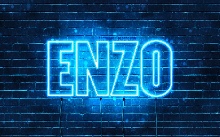 Enzo, 4k, taustakuvia nimet, vaakasuuntainen teksti, Enzo nimi, blue neon valot, kuva Enzo nimi