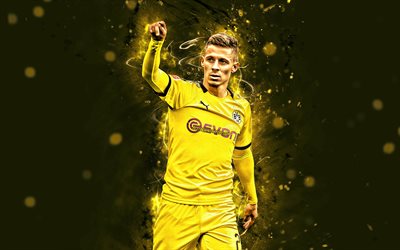 4K, Thorgan Hazard, 2019, Belga de futebol, O Borussia Dortmund FC, futebol, BVB, Alemanha, Bundesliga, Thorgan Ganael Francisco De Perigo, luzes de neon