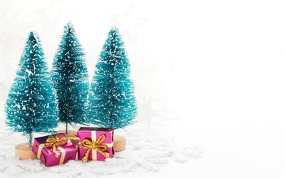 Happy New Year, Merry Christmas, winter, snow, purple gifts boxes, Green christmas trees