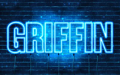 Griffin, 4k, wallpapers with names, horizontal text, Griffin name, blue neon lights, picture with Griffin name