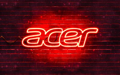 Acer赤ロゴ, 4k, 赤brickwall, エイサーロゴ, ブランド, Acerネオンのロゴ, Acer