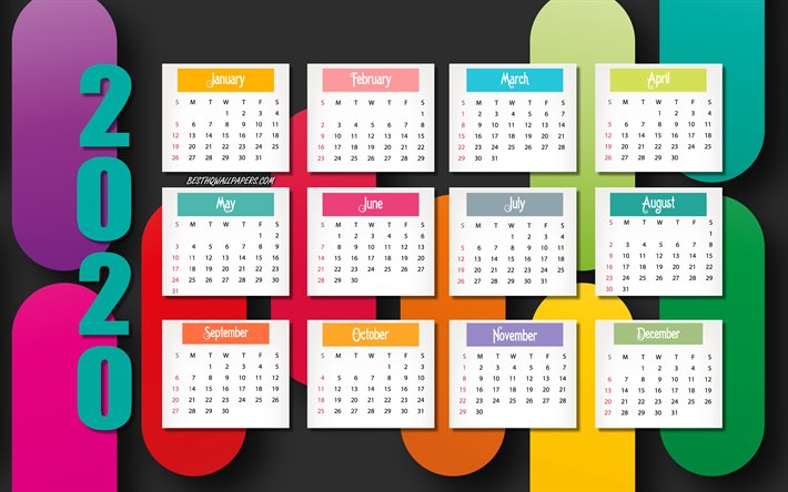 Il 2020 tutti i mesi del calendario, elementi di carta, creativo, arte, 2020 concetti, nero, astratto sfondo, 2020 calendario
