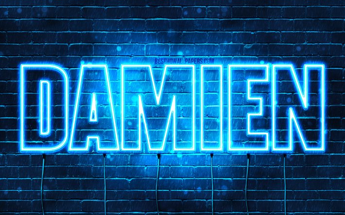 Damien, 4k, taustakuvia nimet, vaakasuuntainen teksti, Damien nimi, blue neon valot, kuva Damien nimi
