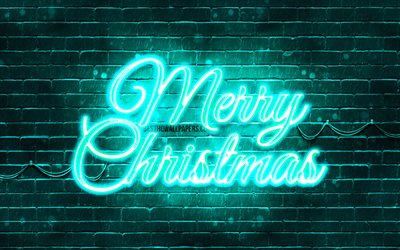 Turquoise neon Merry Christmas, 4k, Turquoise brickwall, Happy New Years Concept, Turquoise Merry Christmas, creative, Christmas decorations, Merry Christmas, xmas decorations