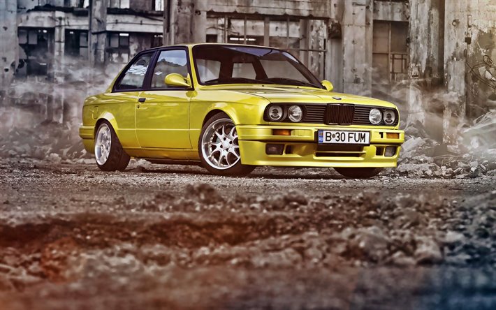 El BMW M3, retro cars, E30, 1990 coches, atentos M3, amarillo E30, la optimizaci&#243;n, el BMW E30, los coches alemanes, BMW, amarillo M3, HDR, superdeportivos