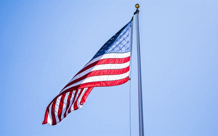 Bandeira americana, Bandeira dos EUA, bandeira no mastro, c&#233;u azul, Bandeira Dos EUA, s&#237;mbolo nacional