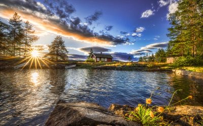Ringerike, 4k, puesta del sol, lago, verano, Noruega, la hermosa naturaleza, Europa
