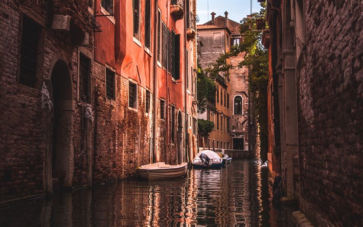 Venice, old streets, boats, old houses, Venice cityscape, Italy