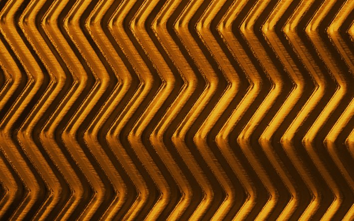 ゴールデン3D質感, 4k, 波織, 黄金背景, zigzags質感, 3Dアート, zigzags