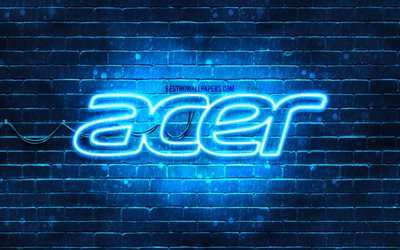 Acer blue logo, 4k, blue brickwall, Acer logo, brands, Acer neon logo, Acer