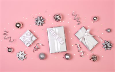 Silver christmas decoration, pink background, Merry Christmas, Happy New Year, silver gifts boxes, silver silk bows, Christmas