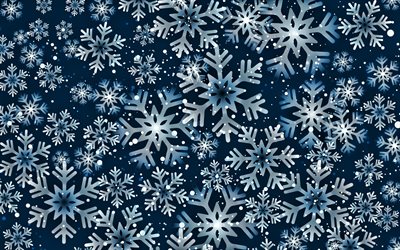 sininen tausta lumihiutaleet, 4k, lumihiutaleet kuvioita, sininen talvi tausta, talvi taustat, lumihiutaleet