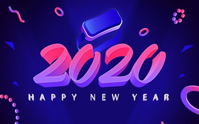 Happy New Year 2020, 3d art, Blue 2020 background, pink 3d letters, 2020 concepts, 2020 New Year