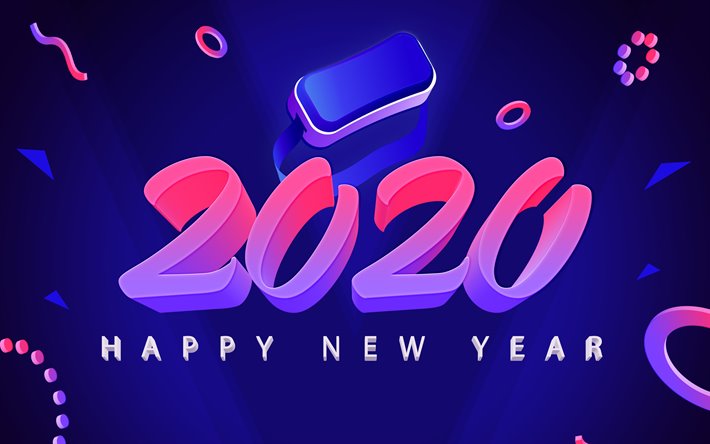 Happy New Year 2020, 3d art, Blue 2020 background, pink 3d letters, 2020 concepts, 2020 New Year