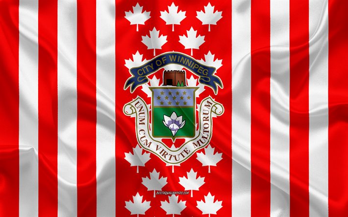 wappen von winnipeg, der kanadischen flagge, seide textur, winnipeg, kanada, siegel von winnipeg, der kanadischen nationalen symbole